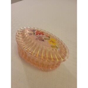 Fenton Pink Glass Oval Trinket Box w/ Lid, Decorative, Hand Painted Signed
